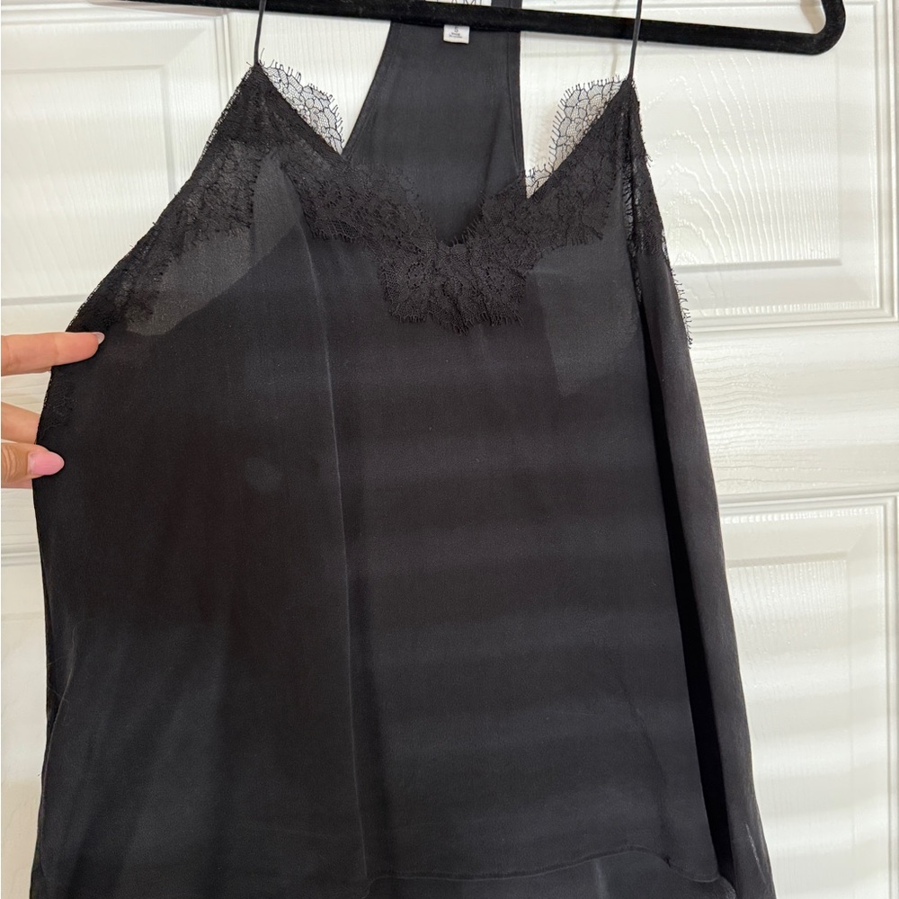 Cami NYC Sheer Black Lace Trim Silk Tank